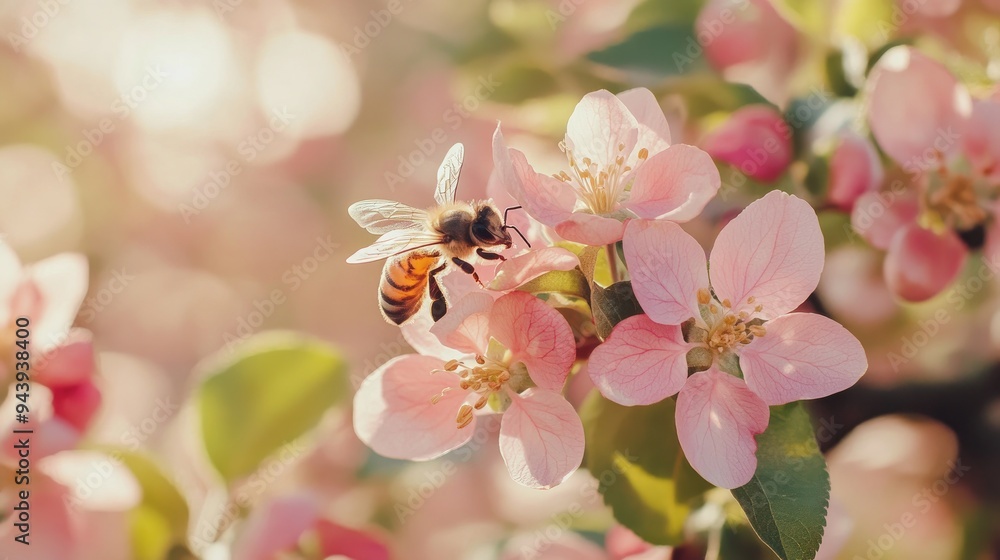 Close-up of bees pollinating flowers in an apple orchard during spring Close-up of bees pollinating flowers in an apple orchard during spring