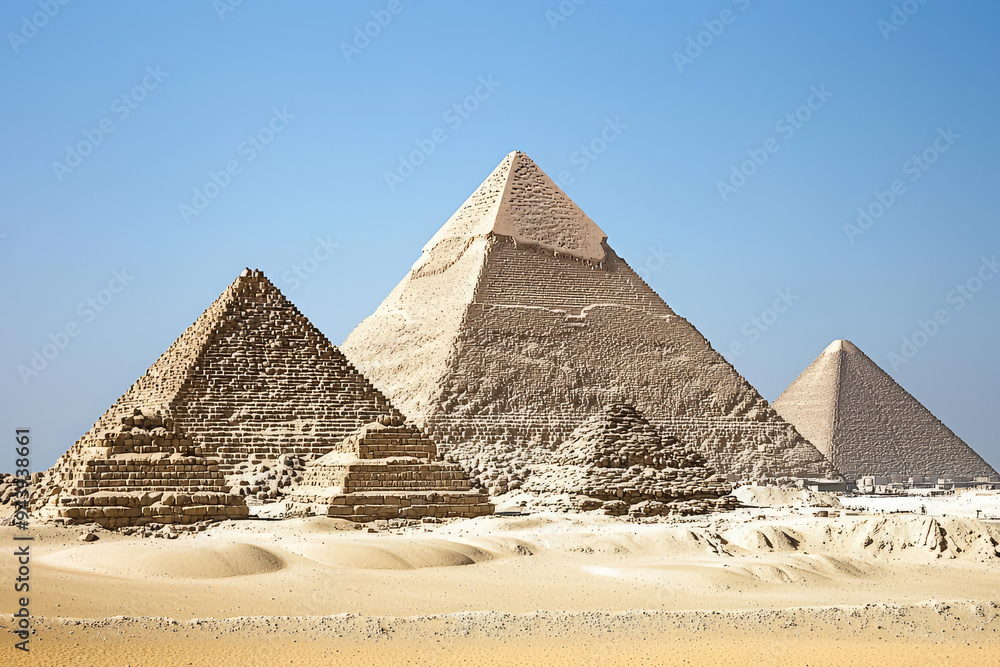 Exploring the Timeless Grandeur of the Pyramids of Giza: Marvels of Ancient Engineering Against a Brilliant Blue Sky Exploring the Timeless Grandeur of the Pyramids of Giza: Marvels of Ancient Engineering Against a Brilliant Blue Sky
