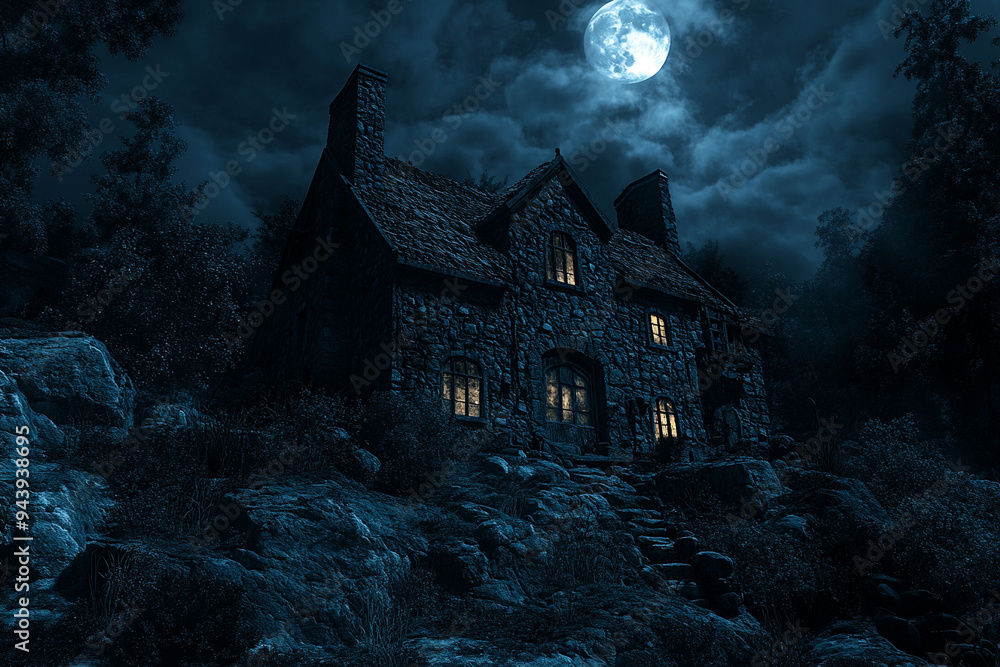 a haunted house at night, with dark clouds, a full moon, and glowing windows, creating a chilling and mysterious atmosphere a haunted house at night, with dark clouds, a full moon, and glowing windows, creating a chilling and mysterious atmosphere