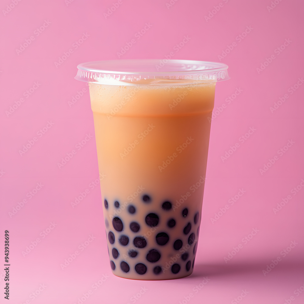 Bubble tea drink in plastic cup isolated on pink background Bubble tea drink in plastic cup isolated on pink background
