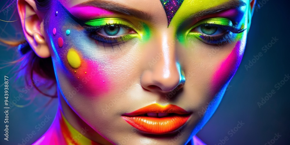 Neon Brilliance: Vibrant neon makeup with bold colors on the eyes, lips, and cheeks, creating a futuristic and eye-catching look. Neon Brilliance: Vibrant neon makeup with bold colors on the eyes, lips, and cheeks, creating a futuristic and eye-catching look.