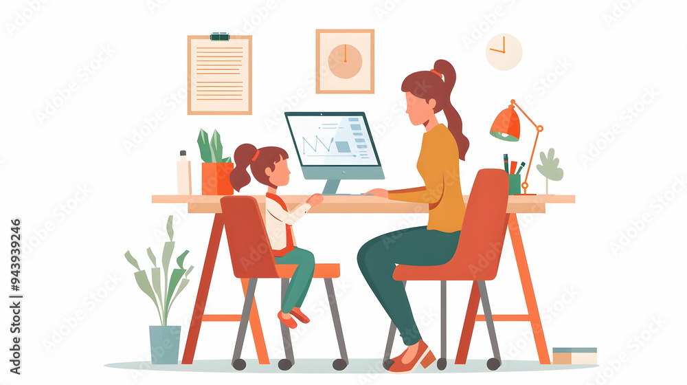 Woman with small daughter working indoors at home office. Woman with small daughter working indoors at home office.