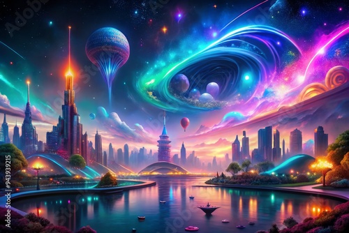 Neon Dreamscapes: Glowing skylines, swirling colors, otherworldly creatures, dreamlike quality. photo