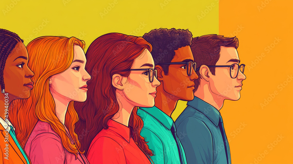 A group of people are standing in a line, with some wearing glasses A group of people are standing in a line, with some wearing glasses