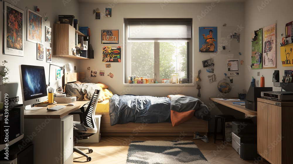 Shot of a teenage room interior featuring a designated workspace and a sleeping area. --ar 16:9 --v 6.1 Job ID: 73e452ac-5548-4fbf-b621-8b31d59bef95