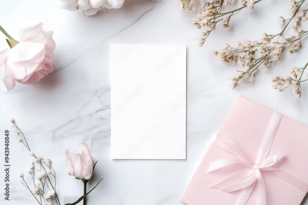 Mockup of a card. Minimalist composition with floral background and gift box. A blank white vertical sheet of paper on a pastel colors. A template for invitations, greeting cards Mockup of a card. Minimalist composition with floral background and gift box. A blank white vertical sheet of paper on a pastel colors. A template for invitations, greeting cards