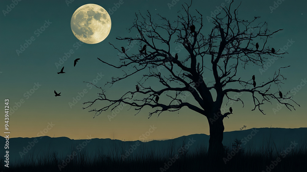 Silhouette of birds and a dead tree against a night sky with a full moon. --ar 16:9 --v 6.1 Job ID: 9aacb7db-7eb3-465a-a767-b9c328c390a9 Silhouette of birds and a dead tree against a night sky with a full moon. --ar 16:9 --v 6.1 Job ID: 9aacb7db-7eb3-465a-a767-b9c328c390a9