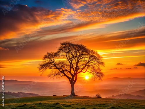 A lone tree stands tall against a vibrant orange sunset, its delicate branches forming a striking silhouette on the vast, rolling hills of a serene plain.