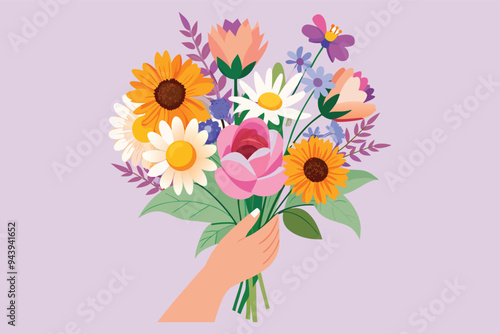 peonies sunflower lavender chamomile a small bouquet in your hands