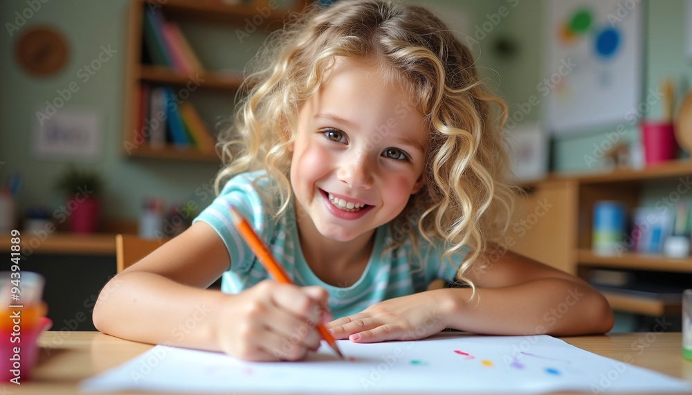 Little girl learns to draw, drawing with color pencil in an art class, in elementary school Little girl learns to draw, drawing with color pencil in an art class, in elementary school