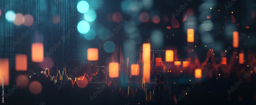 ภาพประกอบสต็อก Blank dark bokeh background with digital financial chart ...