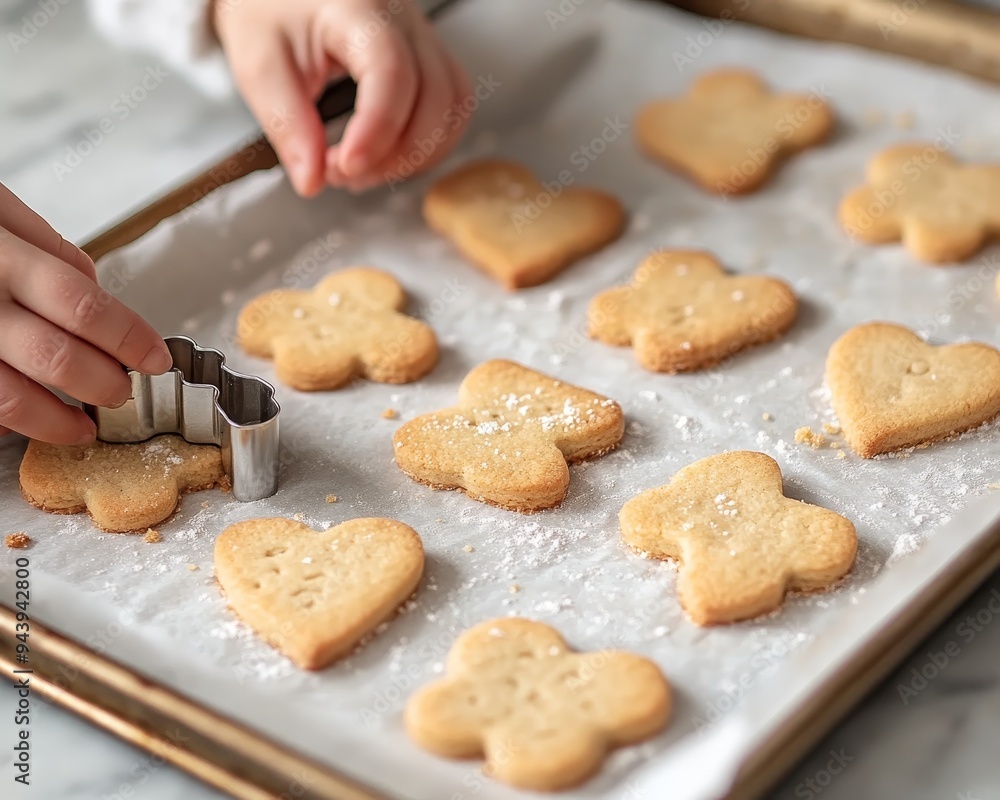A Childs Hand Using a Cookie Cutter to Shape a Freshly Baked Cookie on a Baking Sheet High Angle View Golden Brown Crumbly Rustic A Childs Hand Using a Cookie Cutter to Shape a Freshly Baked Cookie on a Baking Sheet High Angle View Golden Brown Crumbly Rustic