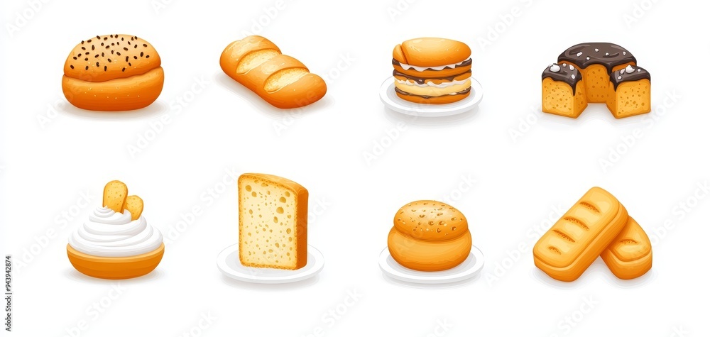 A Colorful Array of Bakery Delights Isometric View of Bread Cake and Pastry with Whipped Cream and Chocolate Glaze A Colorful Array of Bakery Delights Isometric View of Bread Cake and Pastry with Whipped Cream and Chocolate Glaze