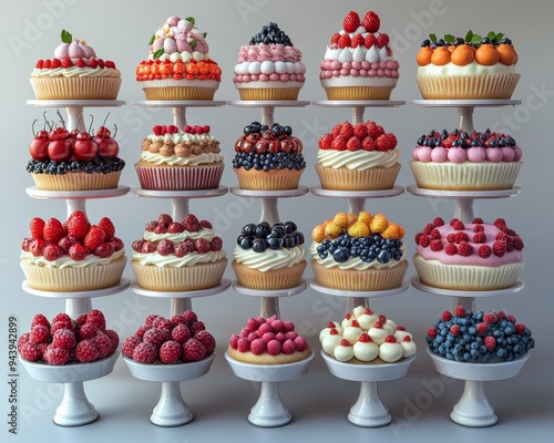 A Colorful Display of FruitTopped Cupcakes on White Stands A Front View Perspective Each Cupcake Showcases a Unique Fruity Decoration photo