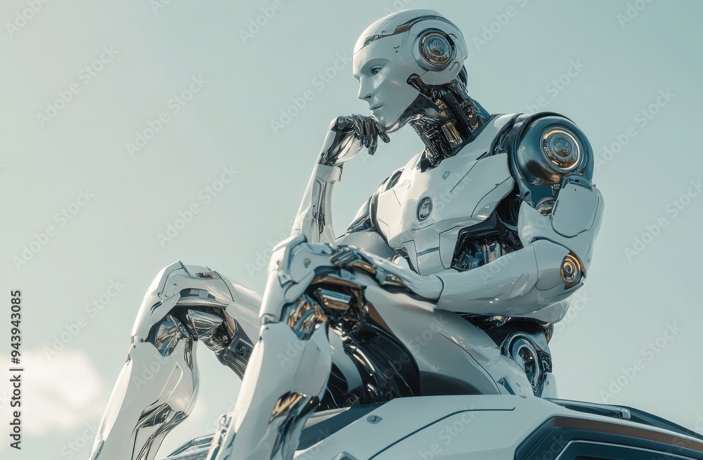 AI robot sitting on a flying car, thinking about something, looking ahead with a thoughtful expression. The style is futuristic, with a white and silver color scheme and a blue sky background AI robot sitting on a flying car, thinking about something, looking ahead with a thoughtful expression. The style is futuristic, with a white and silver color scheme and a blue sky background