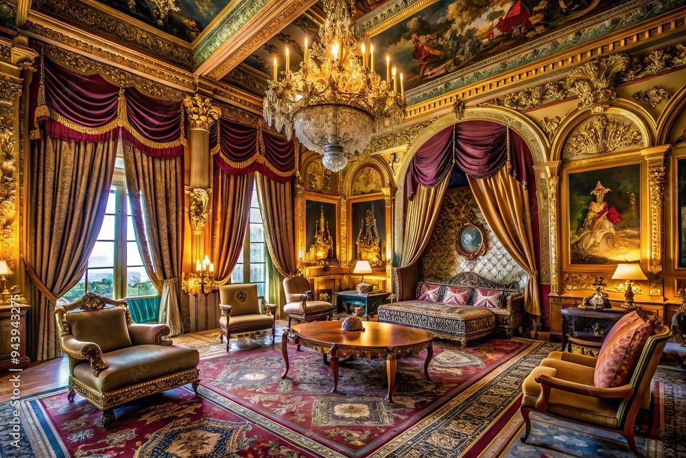 Fototapeta premium Opulent Encryption: Vaulted room adorned with lavish fabrics, velvet curtains, golden accents.