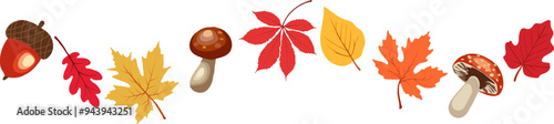 Autumn border with leaves ,mushrooms,acorns,berries. Wave of falling leaves. Leaf fall. Autumn flying leaves. Watercolor leaves in the wind. Autumn leaves seamless border.