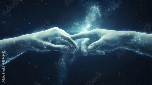 Two hands reach out to each other, fingers almost touching, in a galaxy of stardust.