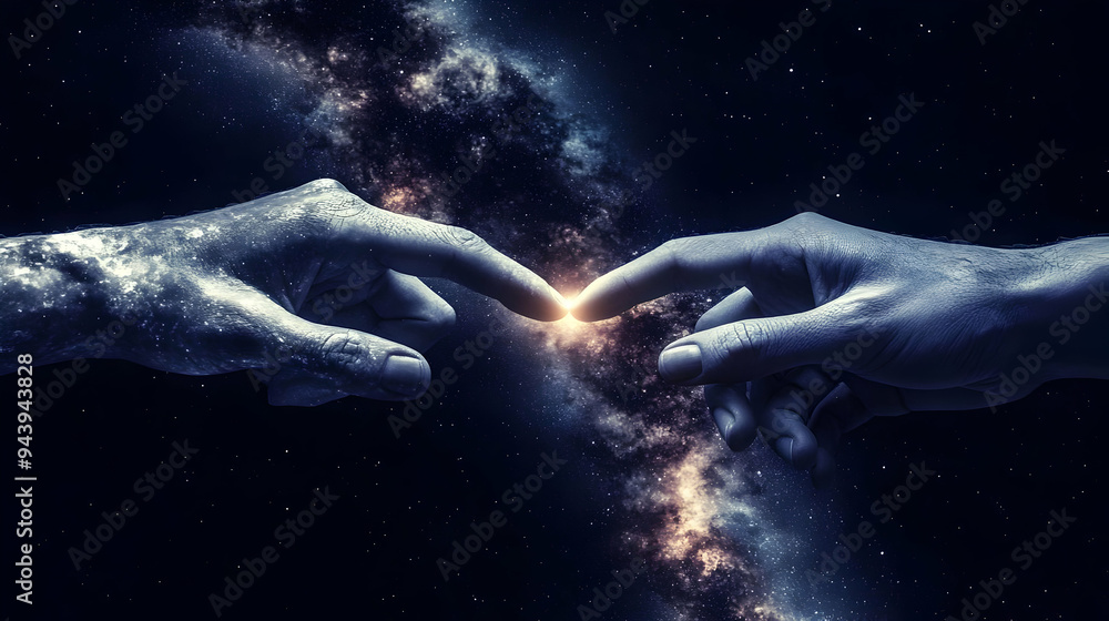 Two hands reaching out to touch each other with a galaxy in between. Two hands reaching out to touch each other with a galaxy in between.