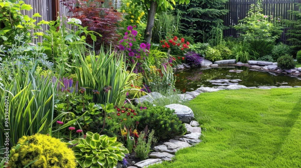 A residential garden with a variety of plants, flowers, and a small pond A residential garden with a variety of plants, flowers, and a small pond