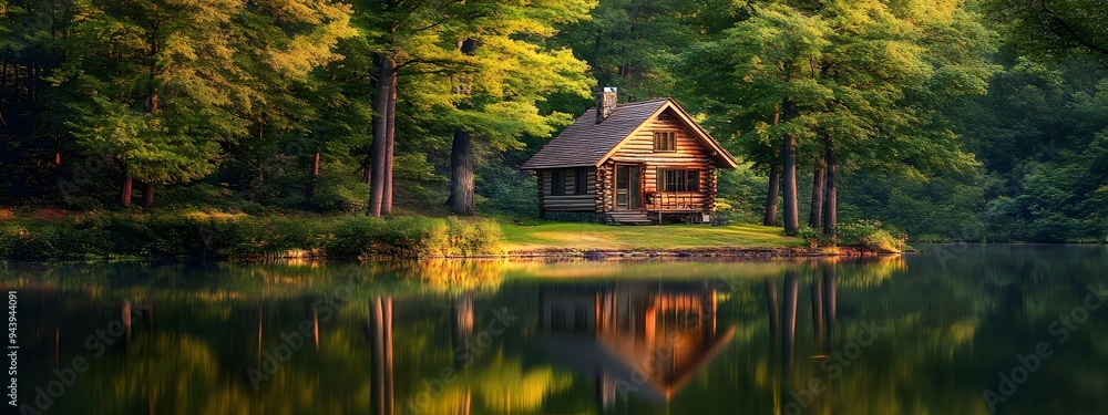 Fototapeta premium A rustic cabin nestled in the heart of an ancient forest, surrounded by towering pines and reflecting on crystal-clear waters. The focus is on the face of the cabin, which appears weathered and worn