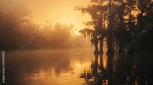 View of landscape bayou at sunrise in fog