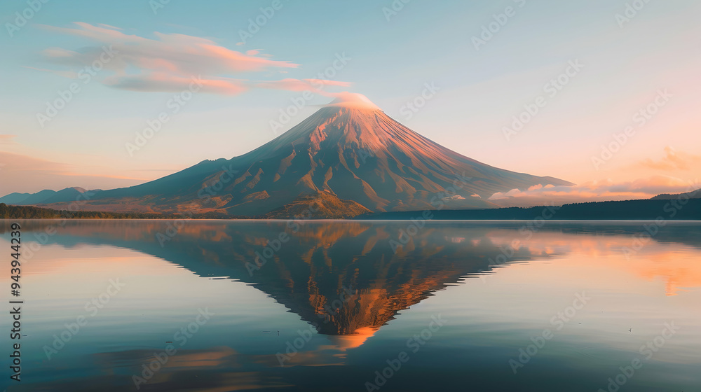 Volcanic mountain in morning light reflected in calm waters of lake.
