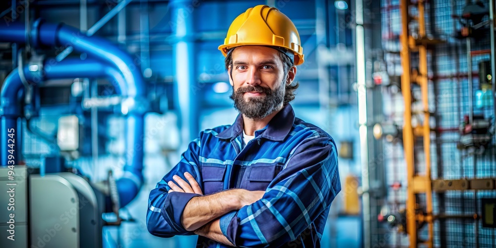 Passionate Professional: Technician with a keen eye, confident stance, vibrant colors, technical blueprints Passionate Professional: Technician with a keen eye, confident stance, vibrant colors, technical blueprints