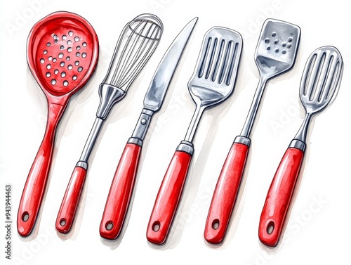 RedHandled Kitchen Utensil Set Watercolor Illustration of Six Essential Cooking Tools on a White Background Overhead Perspective photo