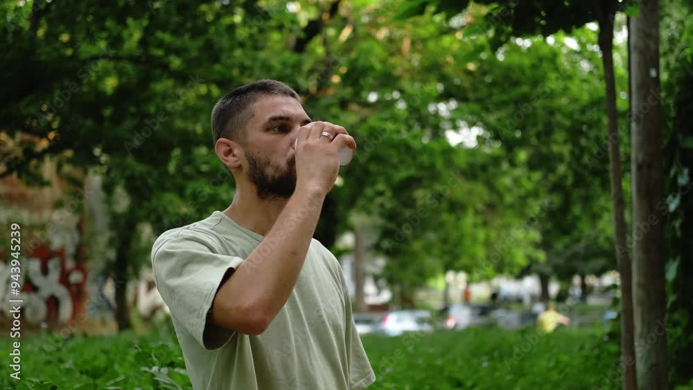 A young bearded Caucasian man drinks coffee from a paper cup outside in summer. The guy took away hot drink and enjoys the taste of tea or espresso. A young bearded Caucasian man drinks coffee from a paper cup outside in summer. The guy took away hot drink and enjoys the taste of tea or espresso.