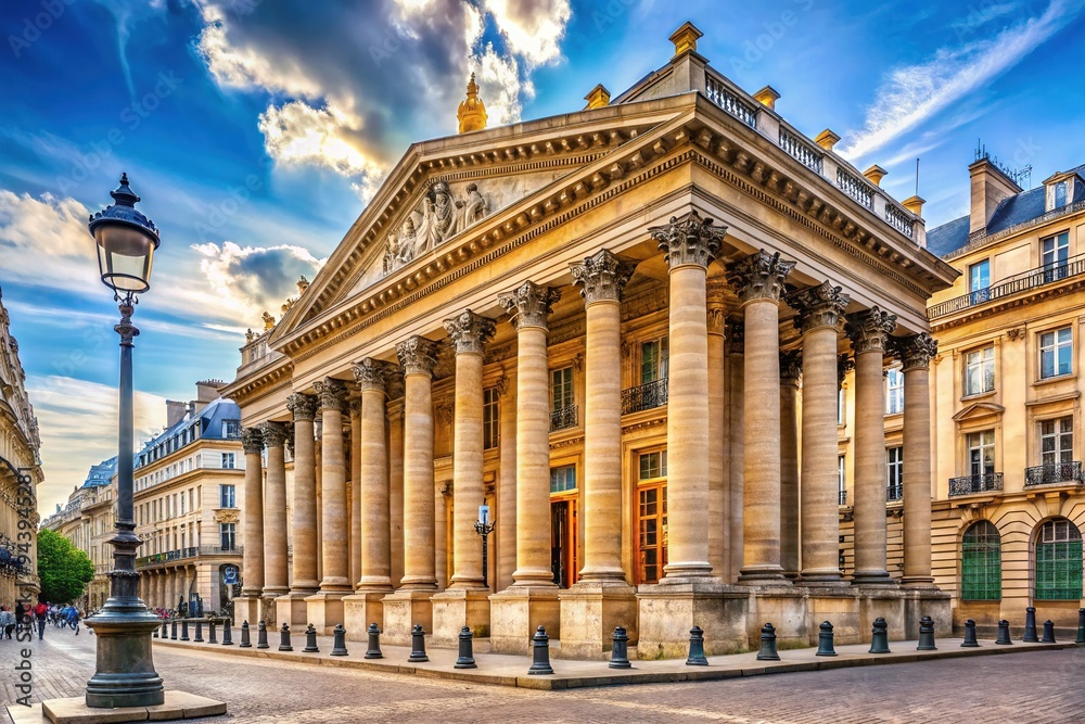 Obraz premium A majestic neoclassical building with columns and ornate details stands prominently in the heart of a bustling financial district in Paris, France.