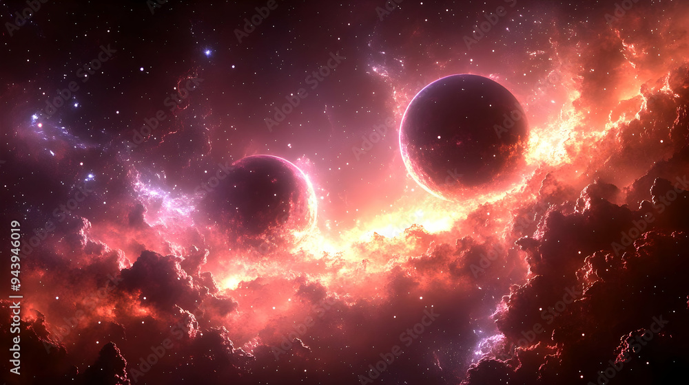 Two planets in a fiery nebula with a starry background. Two planets in a fiery nebula with a starry background.
