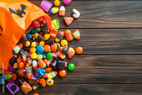 Halloween candy spilling out of a trick-or-treat bag, with colorful wrappers and themed treats scattered on a wooden floor