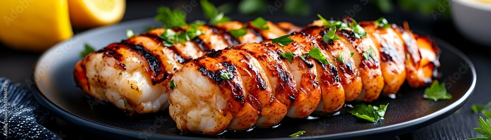 Grilled Lobster Tails with Parsley on Black Plate Grilled Lobster Tails with Parsley on Black Plate