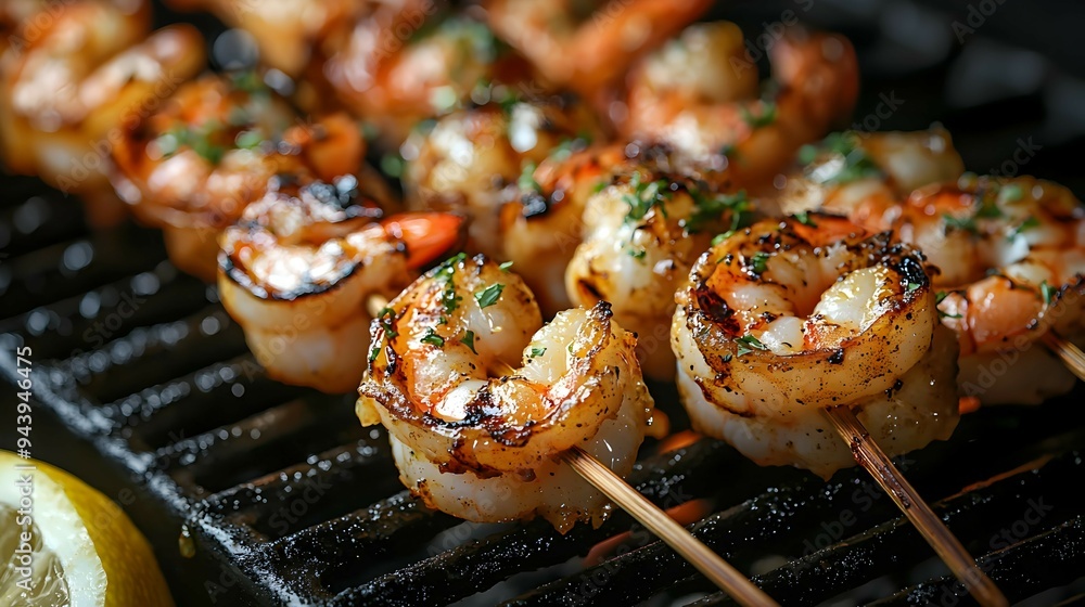 Freshly grilled shrimp with a charred crust on a barbecue. Freshly grilled shrimp with a charred crust on a barbecue.