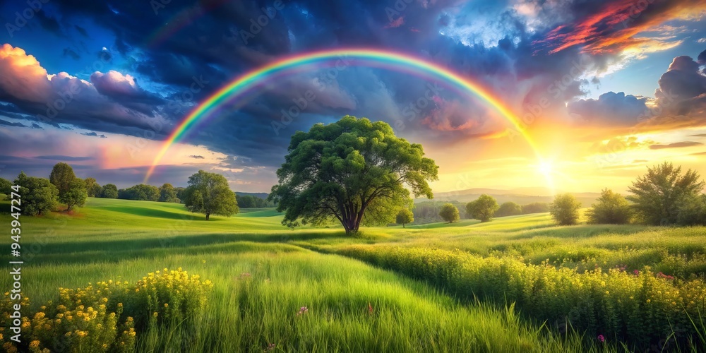 Naklejka premium Prismatic Rainbow Meadow: Whimsical, vibrant, rainbow colors over a field, lush greenery, magical atmosphere