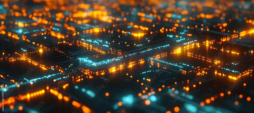 Naklejka premium A digital landscape with glowing neon grids and cybernetic structures