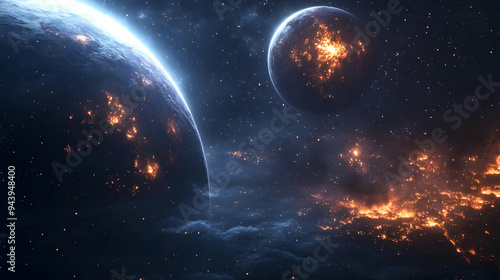 Two planets in space with a...