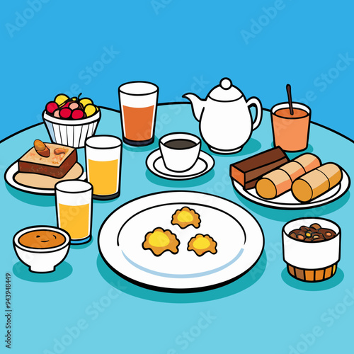 breakfast buffet full english and continental large selection of brunch and breakfast food on the table with egg bacon toast orange juice croissant coffee fruits and nuts