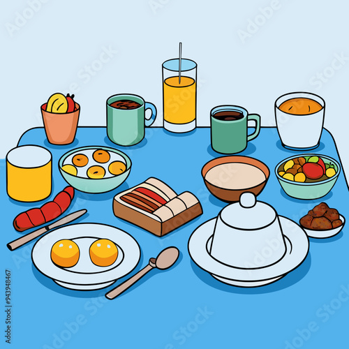 breakfast buffet full english and continental large selection of brunch and breakfast food on the table with egg bacon toast orange juice croissant coffee fruits and nuts