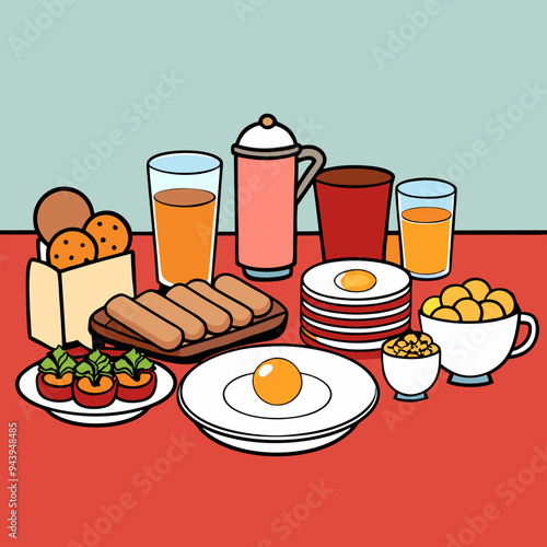 breakfast buffet full english and continental large selection of brunch and breakfast food on the table with egg bacon toast orange juice croissant coffee fruits and nuts