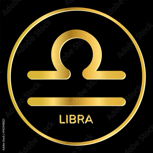 Libra zodiac sign icon. Gold shine symbol isolated on black background. Tattoo image, astrological, zodiacal horoscope. Vector illustration.