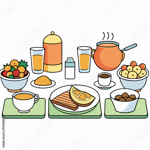 breakfast buffet full english and continental large selection of brunch and breakfast food on the table with egg bacon toast orange juice croissant coffee fruits and nuts