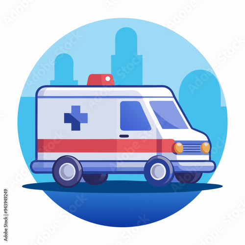 White Ambulance with Red Stripe and Cross in Front of Cityscape