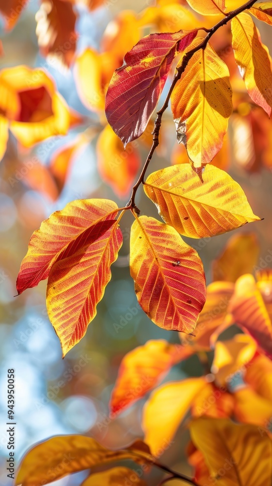 Close-up of various colorful autumn leaves on a sunny day. beautiful blue background