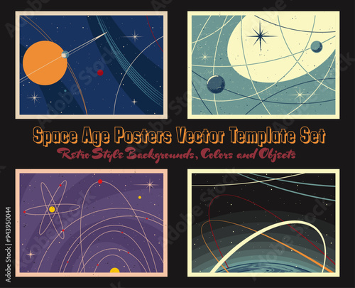 Space Age Posters Vector Template Set. 1950s - 1960s Retro Style Backgrounds, Colors and Objects. Graphic Templates for Mid Century Modern Style Illustrations