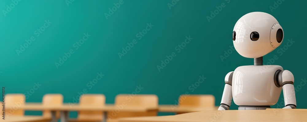 Naklejka premium A friendly robot sits on a table in a classroom, symbolizing innovation and technology in education settings.