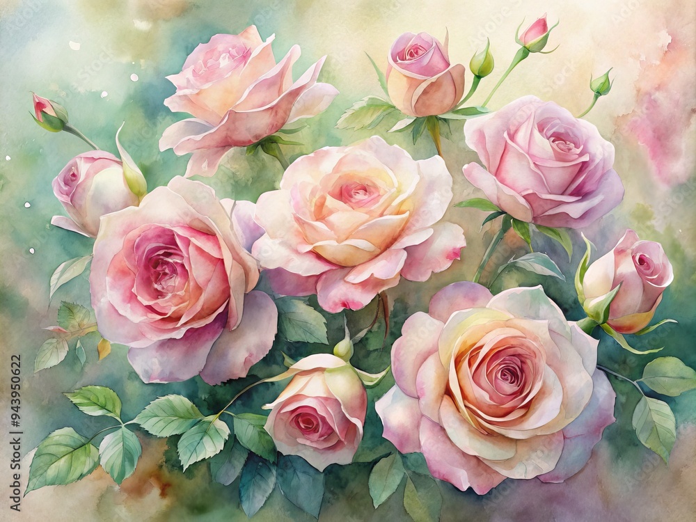 Obraz premium Roseate Poetry: A poetic expression of roses inwatercolor, using soft, layered hues of pink to create an ethereal, almost ethereal vision.