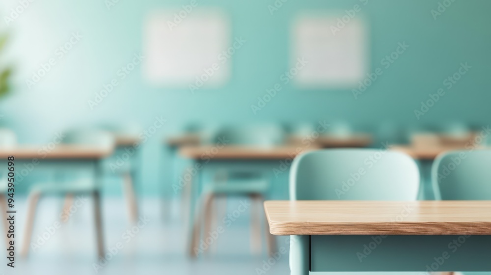 A serene, modern classroom featuring wooden tables and mint green chairs, perfect for educational or workspace imagery. A serene, modern classroom featuring wooden tables and mint green chairs, perfect for educational or workspace imagery.