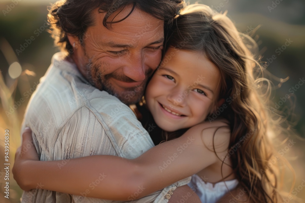 Close-up of a loving father embracing his joyful daughter, both smiling warmly, epitomizing familial love and happiness Close-up of a loving father embracing his joyful daughter, both smiling warmly, epitomizing familial love and happiness